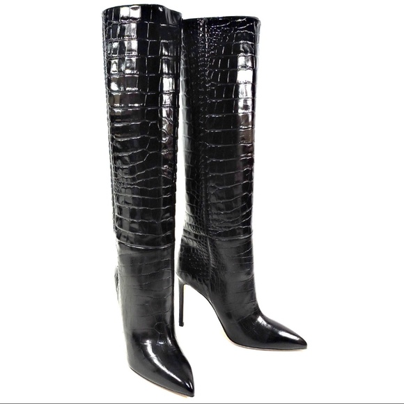 PARIS TEXAS 🇮🇹 WOMEN'S BLACK EMBOSSED CROCO STILETTO FASHION BOOTS - Picture 2 of 4
